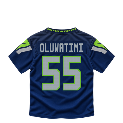 Seattle Seahawks jersey keychain — Olu Oluwatimi #55. Exact saved player artwork preview.