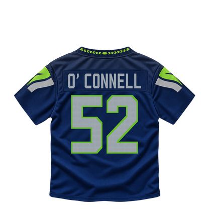 Seattle Seahawks jersey keychain — Patrick O'Connell #52. Exact saved player artwork preview.