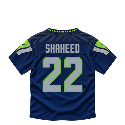 Seattle Seahawks jersey keychain — Rashid Shaheed #22. Exact saved player artwork preview.