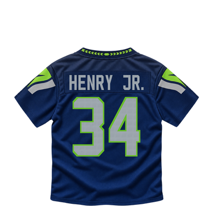 Seattle Seahawks jersey keychain — Robert Henry Jr. #34. Exact saved player artwork preview.