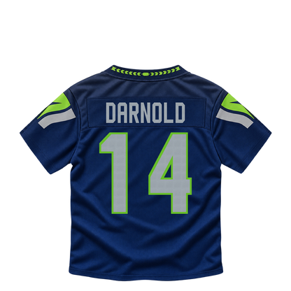 Seattle Seahawks jersey keychain — Sam Darnold #14. Exact saved player artwork preview.