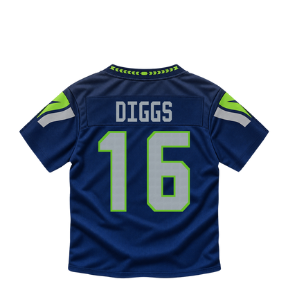 Seattle Seahawks jersey keychain — Trevon Diggs #16. Exact saved player artwork preview.