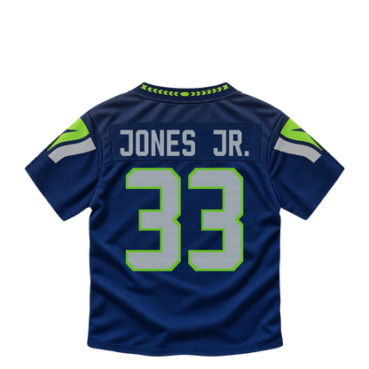 Seattle Seahawks jersey keychain — Velus Jones Jr. #33. Exact saved player artwork preview.