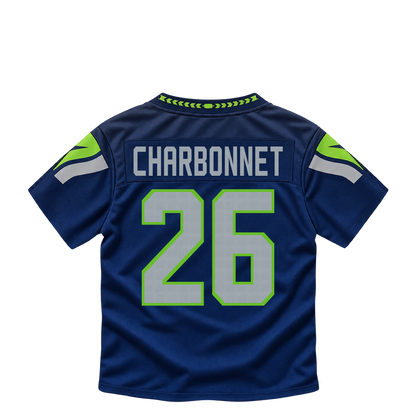 Seattle Seahawks jersey keychain — Zach Charbonnet #26. Exact saved player artwork preview.