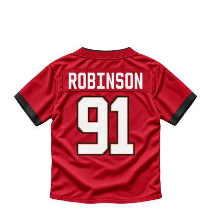 Tampa Bay Buccaneers jersey keychain — A'Shawn Robinson #91. Exact saved player artwork preview.