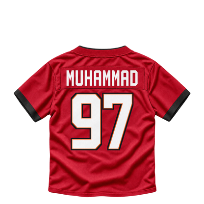 Tampa Bay Buccaneers jersey keychain — Al-Quadin Muhammad #97. Exact saved player artwork preview.
