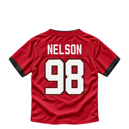 Tampa Bay Buccaneers jersey keychain — Anthony Nelson #98. Exact saved player artwork preview.