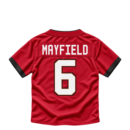 Tampa Bay Buccaneers jersey keychain — Baker Mayfield #6. Exact saved player artwork preview.