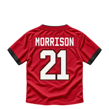 Tampa Bay Buccaneers jersey keychain — Benjamin Morrison #21. Exact saved player artwork preview.