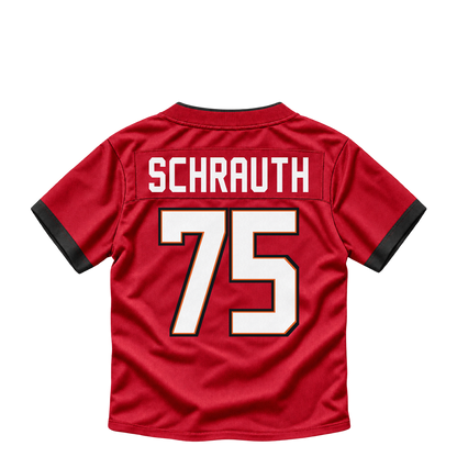 Tampa Bay Buccaneers jersey keychain — Billy Schrauth #75. Exact saved player artwork preview.