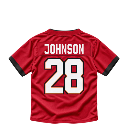 Tampa Bay Buccaneers jersey keychain — Brandon Johnson #28. Exact saved player artwork preview.