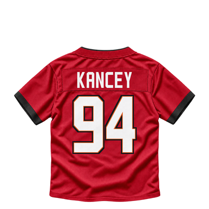 Tampa Bay Buccaneers jersey keychain — Calijah Kancey #94. Exact saved player artwork preview.