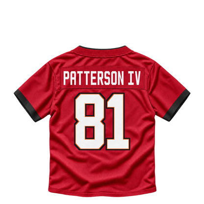 Tampa Bay Buccaneers jersey keychain — Dean Patterson IV #81. Exact saved player artwork preview.