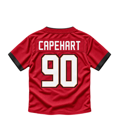 Tampa Bay Buccaneers jersey keychain — DeMonte Capehart #90. Exact saved player artwork preview.