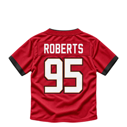 Tampa Bay Buccaneers jersey keychain — Elijah Roberts #95. Exact saved player artwork preview.