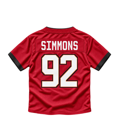 Tampa Bay Buccaneers jersey keychain — Elijah Simmons #92. Exact saved player artwork preview.