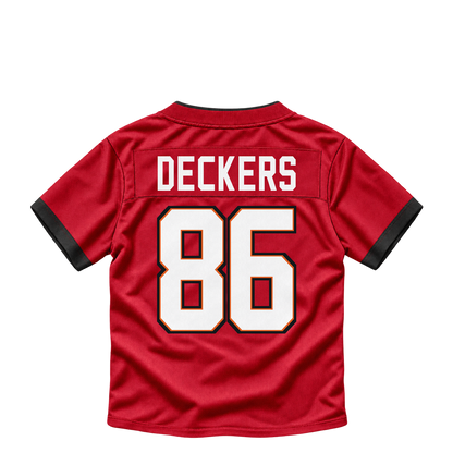 Tampa Bay Buccaneers jersey keychain — Evan Deckers #86. Exact saved player artwork preview.