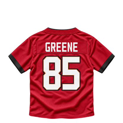 Tampa Bay Buccaneers jersey keychain — Garrett Greene #85. Exact saved player artwork preview.