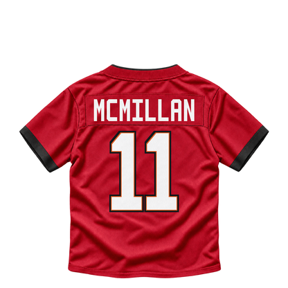 Tampa Bay Buccaneers jersey keychain — Jalen McMillan #11. Exact saved player artwork preview.