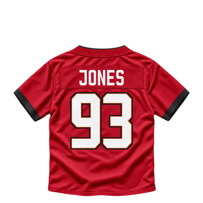 Tampa Bay Buccaneers jersey keychain — Jayson Jones #93. Exact saved player artwork preview.