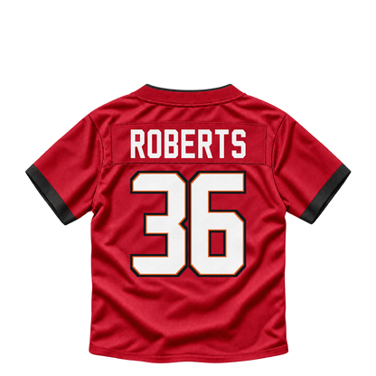 Tampa Bay Buccaneers jersey keychain — JJ Roberts #36. Exact saved player artwork preview.