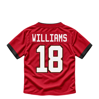Tampa Bay Buccaneers jersey keychain — Josh Williams #18. Exact saved player artwork preview.