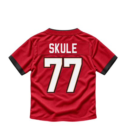 Tampa Bay Buccaneers jersey keychain — Justin Skule #77. Exact saved player artwork preview.