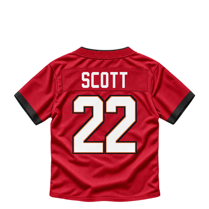 Tampa Bay Buccaneers jersey keychain — Keionte Scott #22. Exact saved player artwork preview.