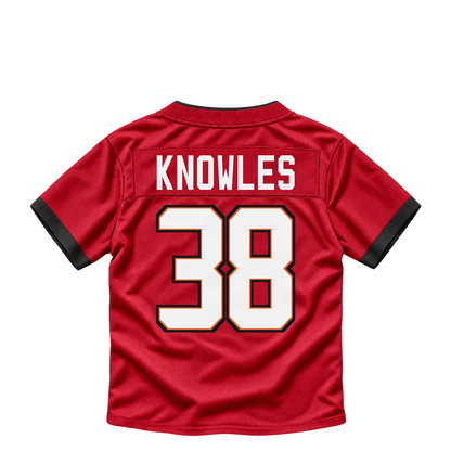 Tampa Bay Buccaneers jersey keychain — Kevin Knowles #38. Exact saved player artwork preview.