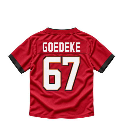 Tampa Bay Buccaneers jersey keychain — Luke Goedeke #67. Exact saved player artwork preview.