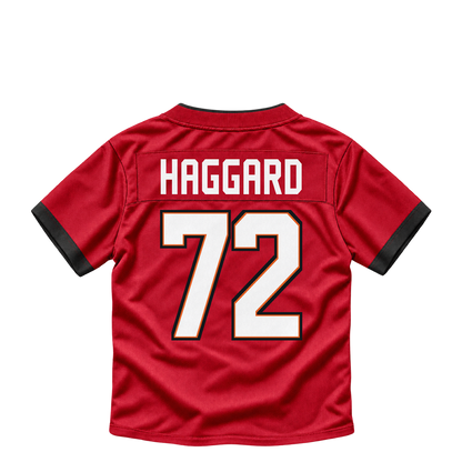 Tampa Bay Buccaneers jersey keychain — Luke Haggard #72. Exact saved player artwork preview.
