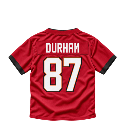 Tampa Bay Buccaneers jersey keychain — Payne Durham #87. Exact saved player artwork preview.
