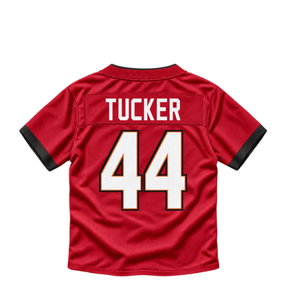 Tampa Bay Buccaneers jersey keychain — Sean Tucker #44. Exact saved player artwork preview.
