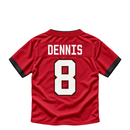 Tampa Bay Buccaneers jersey keychain — SirVocea Dennis #8. Exact saved player artwork preview.