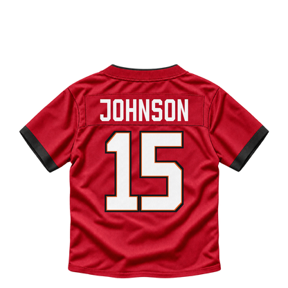 Tampa Bay Buccaneers jersey keychain — Tez Johnson #15. Exact saved player artwork preview.