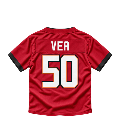 Tampa Bay Buccaneers jersey keychain — Vita Vea #50. Exact saved player artwork preview.
