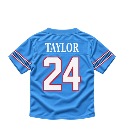 Tennessee Titans jersey keychain — Alontae Taylor #24. Exact saved player artwork preview.