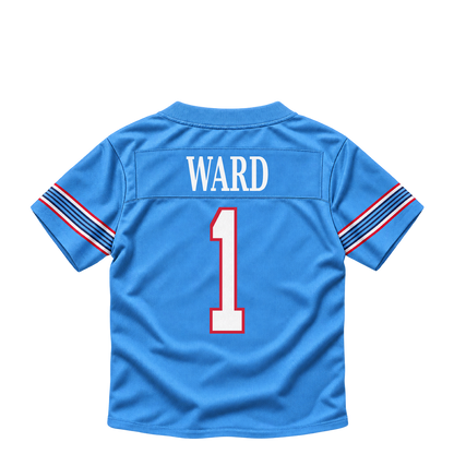 Tennessee Titans jersey keychain — Cam Ward #1. Exact saved player artwork preview.