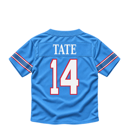 Tennessee Titans jersey keychain — Carnell Tate #14. Exact saved player artwork preview.
