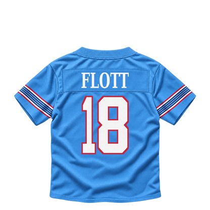 Tennessee Titans jersey keychain — Cor'Dale Flott #18. Exact saved player artwork preview.