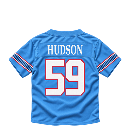 Tennessee Titans jersey keychain — James Hudson III #59. Exact saved player artwork preview.
