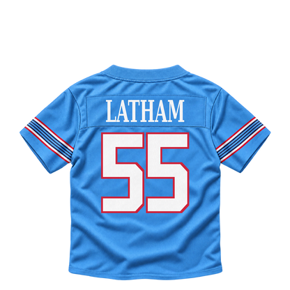 Tennessee Titans jersey keychain — JC Latham #55. Exact saved player artwork preview.