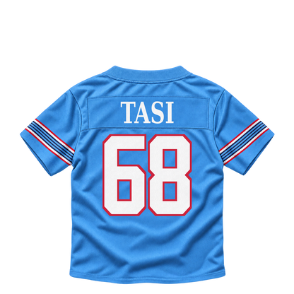 Tennessee Titans jersey keychain — Laki Tasi #68. Exact saved player artwork preview.