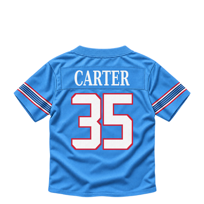 Tennessee Titans jersey keychain — Michael Carter #35. Exact saved player artwork preview.