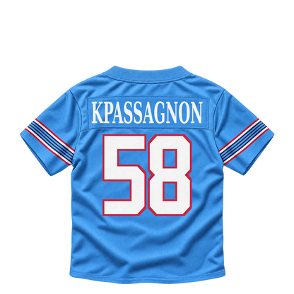 Tennessee Titans jersey keychain — Tanoh Kpassagnon #58. Exact saved player artwork preview.