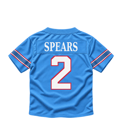 Tennessee Titans jersey keychain — Tyjae Spears #2. Exact saved player artwork preview.