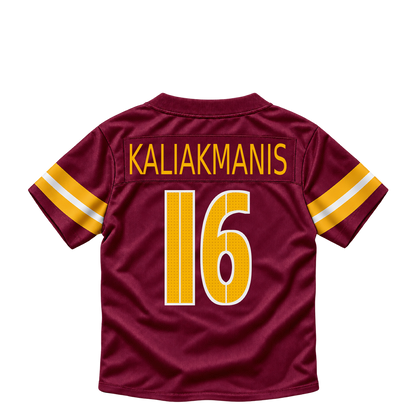 Washington Commanders jersey keychain — Athan Kaliakmanis #16. Exact saved player artwork preview.