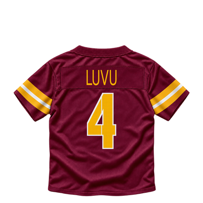 Washington Commanders jersey keychain — Frankie Luvu #4. Exact saved player artwork preview.