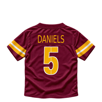 Washington Commanders jersey keychain — Jayden Daniels #5. Exact saved player artwork preview.