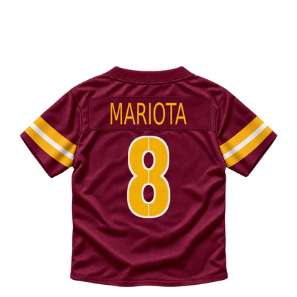 Washington Commanders jersey keychain — Marcus Mariota #8. Exact saved player artwork preview.